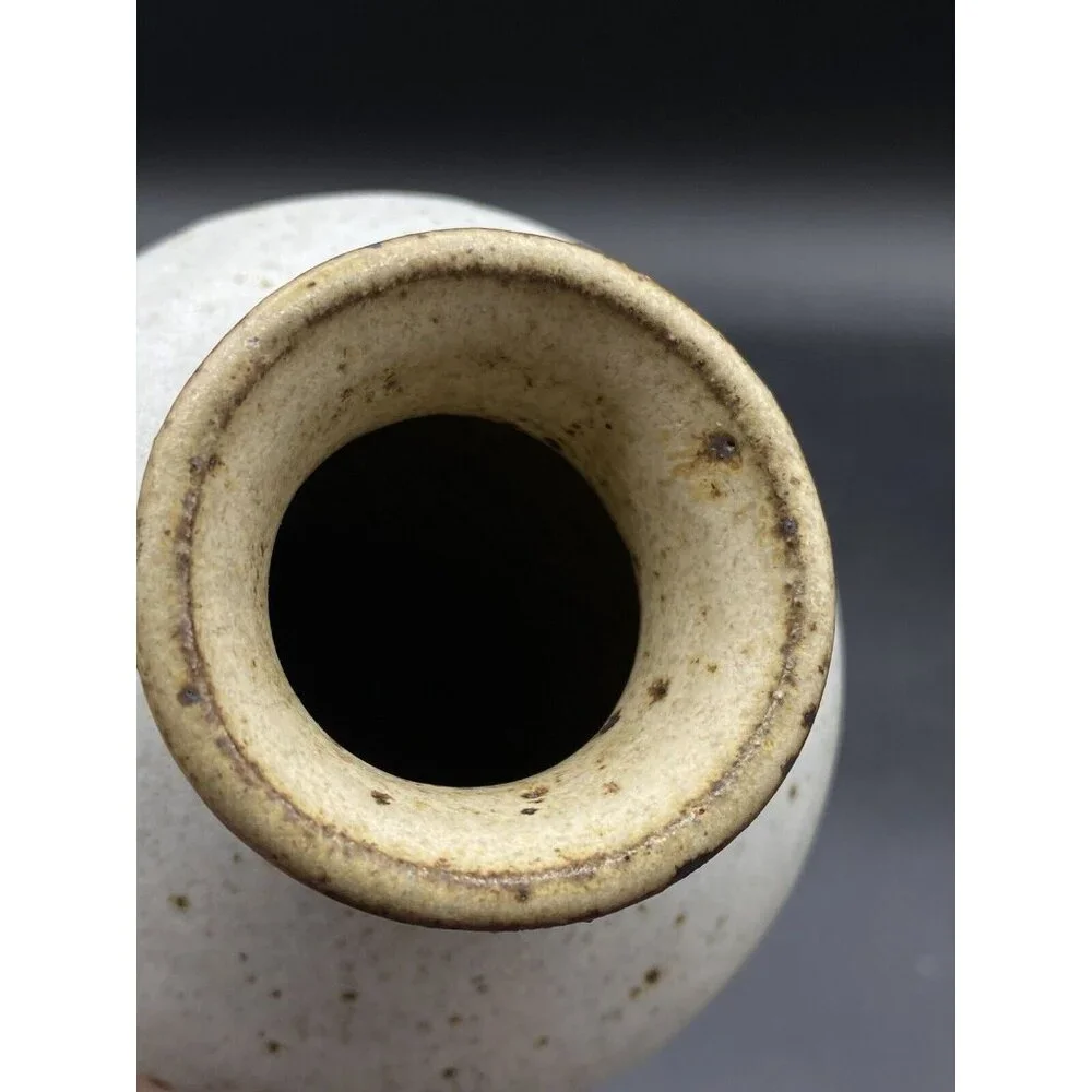 Stoneware Vase Flowers Sand and Browns Color Signed Crown 6.5”